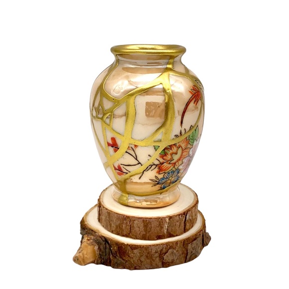 Kintsugi Vase Mini Lusterware Floral Bird Gold Crack Occupied Japan Growth Gift - Picture 3 of 14